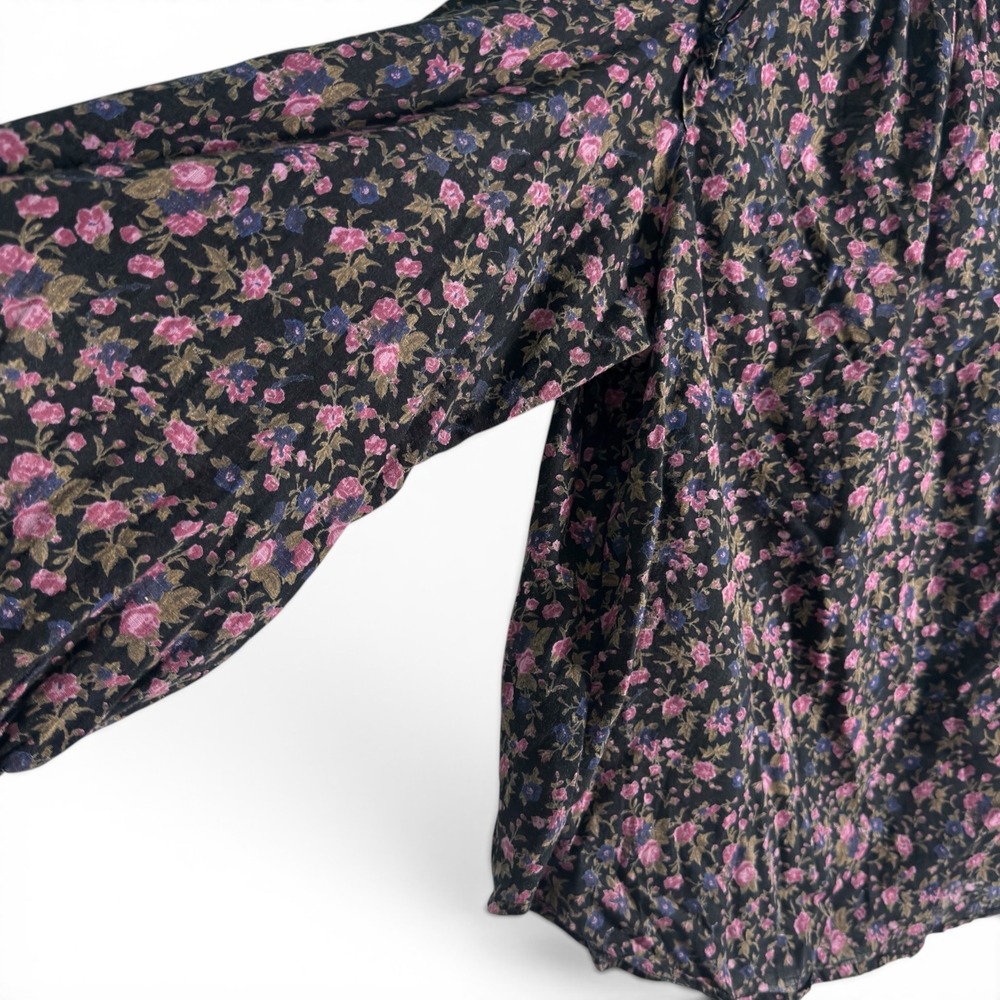 Free People‎ Meant To Be Floral Black Pink Women Large Puffy Sleeve Boho Top - Picture 5 of 9